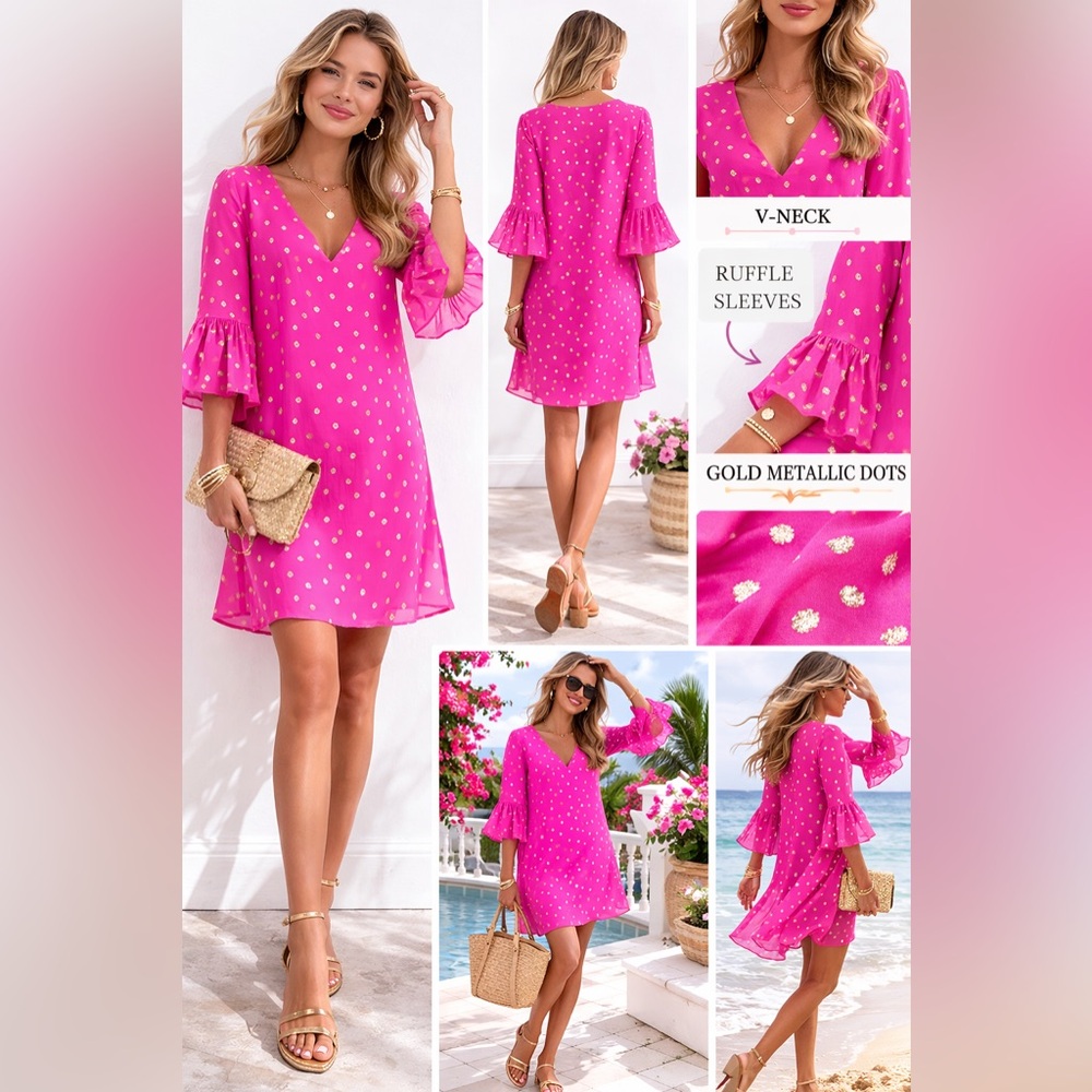 Lilly Pulitzer Hot Pink V-Neck Ruffle Sleeve Dress with Gold Dots